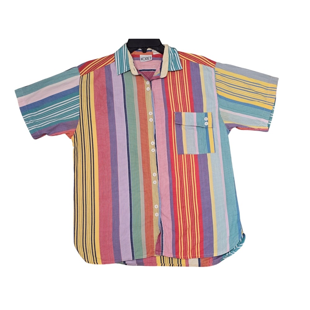 Koret Vintage Multi Color Striped Button Down Shirt Short Sleeve Cotton Mens M